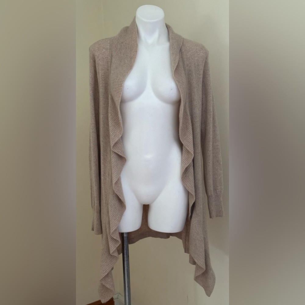 Cynthia Rowley Tan Ruffled Light Cascade Cardigan 100% Cashmere No Button Sz M